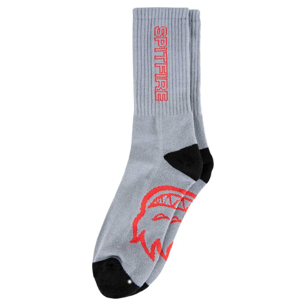 A SPITFIRE CLASSIC 87' BIG HEAD SOCK HEATHER GREY/BLACK/RED featuring a red Spitfire big head logo and text.