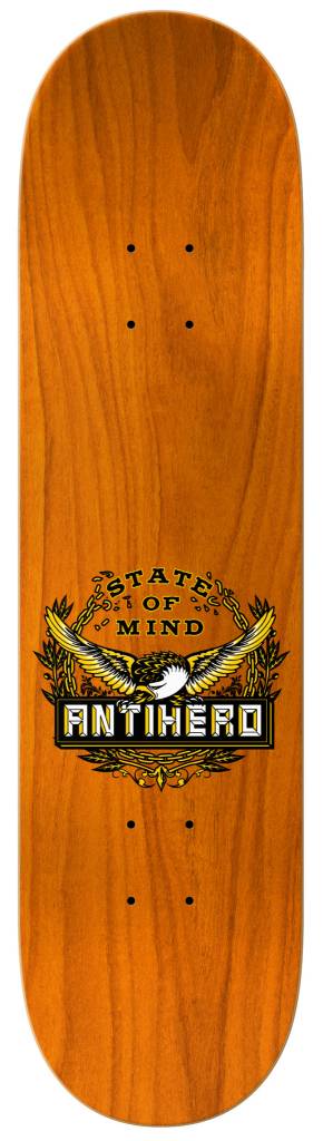 A skateboard with the brand name ANTIHERO and the product name ANTIHERO BERES STATE OF MIND 8.4 on it.