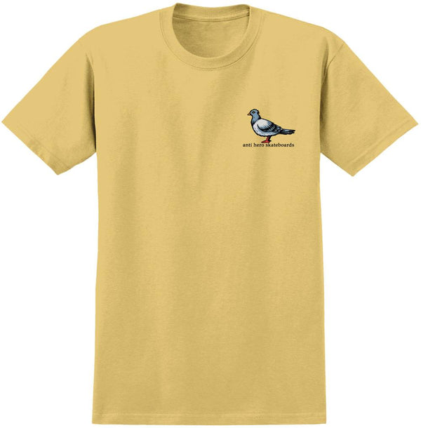 A yellow ANTIHERO LIL PIGEON S/S SHIRT SQUASH with a pigeon on it.