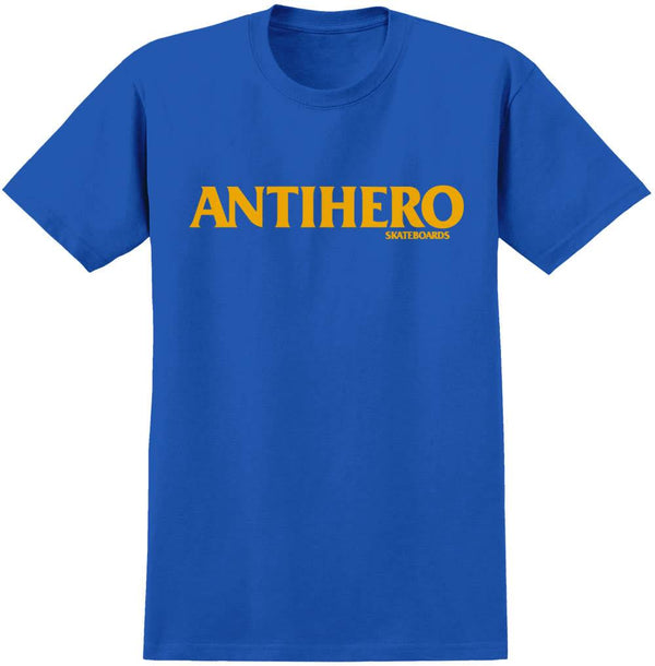 A blue ANTIHERO t-shirt with the word anthero on it.