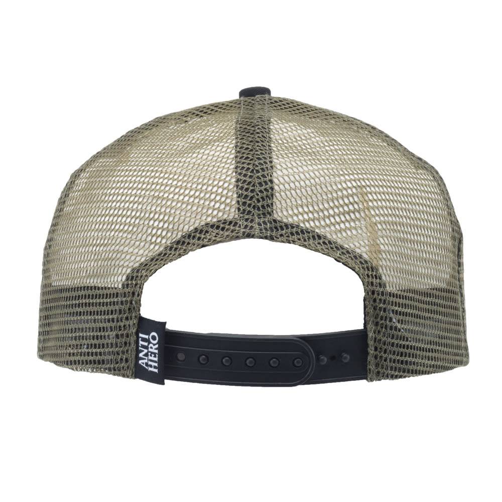 An ANTIHERO RESERVE PATCH MESH SNAPBACK ARMY trucker hat on a white background.