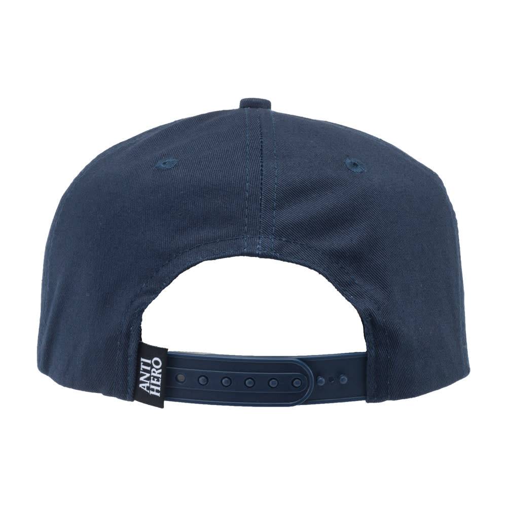An ANTIHERO PIGEON EMBLEM SNAP BACK NAVY hat with a logo on the back.