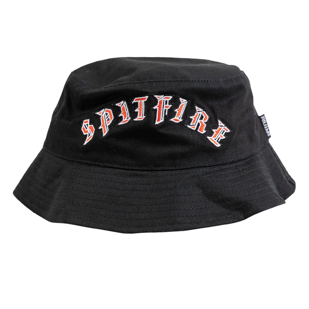 A SPITFIRE OLD E ARCH BUCKET HAT BLACK with the brand name SPITFIRE printed on it.