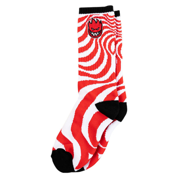 A single SPITFIRE red and black swirled sock with an embroidered spitfire devil face design.