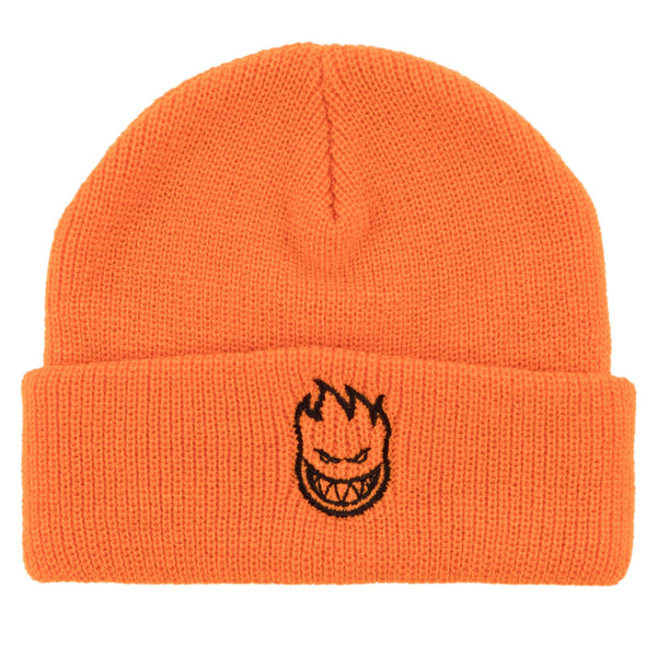 An orange SPITFIRE BIGHEAD CUFF BEANIE with a black logo on it.