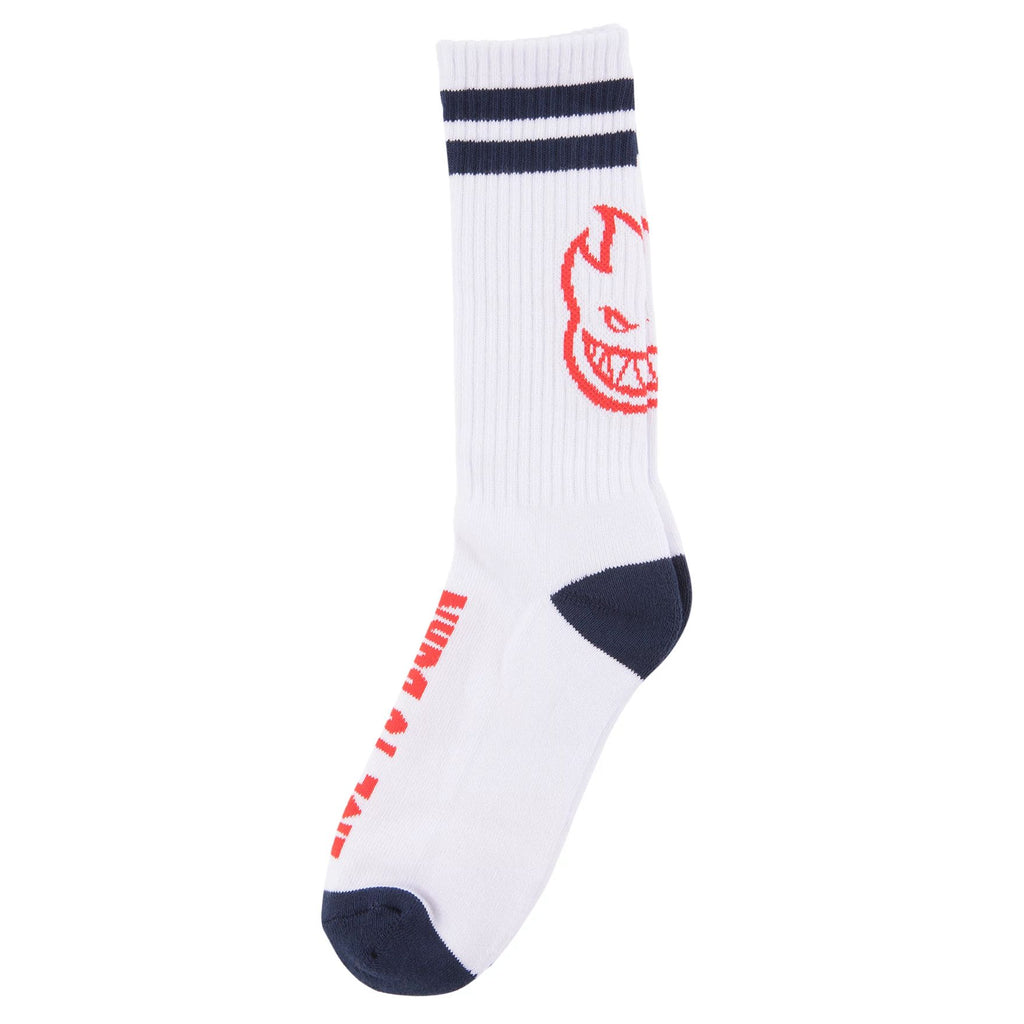 White SPITFIRE HEADS UP SOCKS with a red devil logo and navy blue accents.