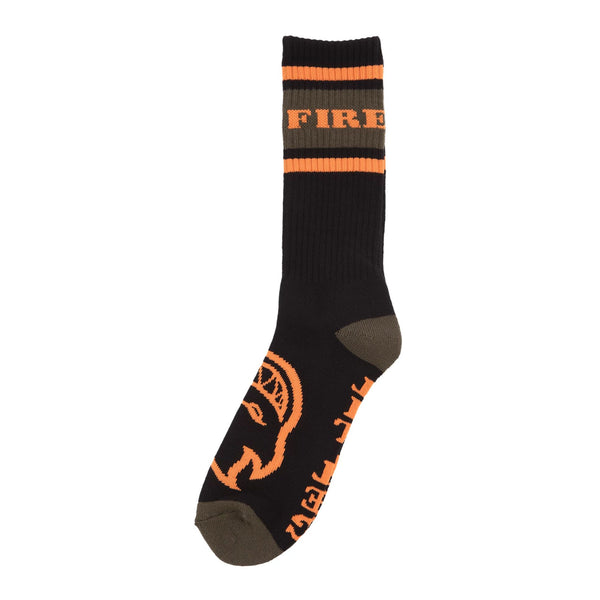 A single black SPITFIRE CLASSIC 87 BIGHEAD SOCK with the word "SPITFIRE" at the top, an orange flame design, and reinforced heel and toe areas.