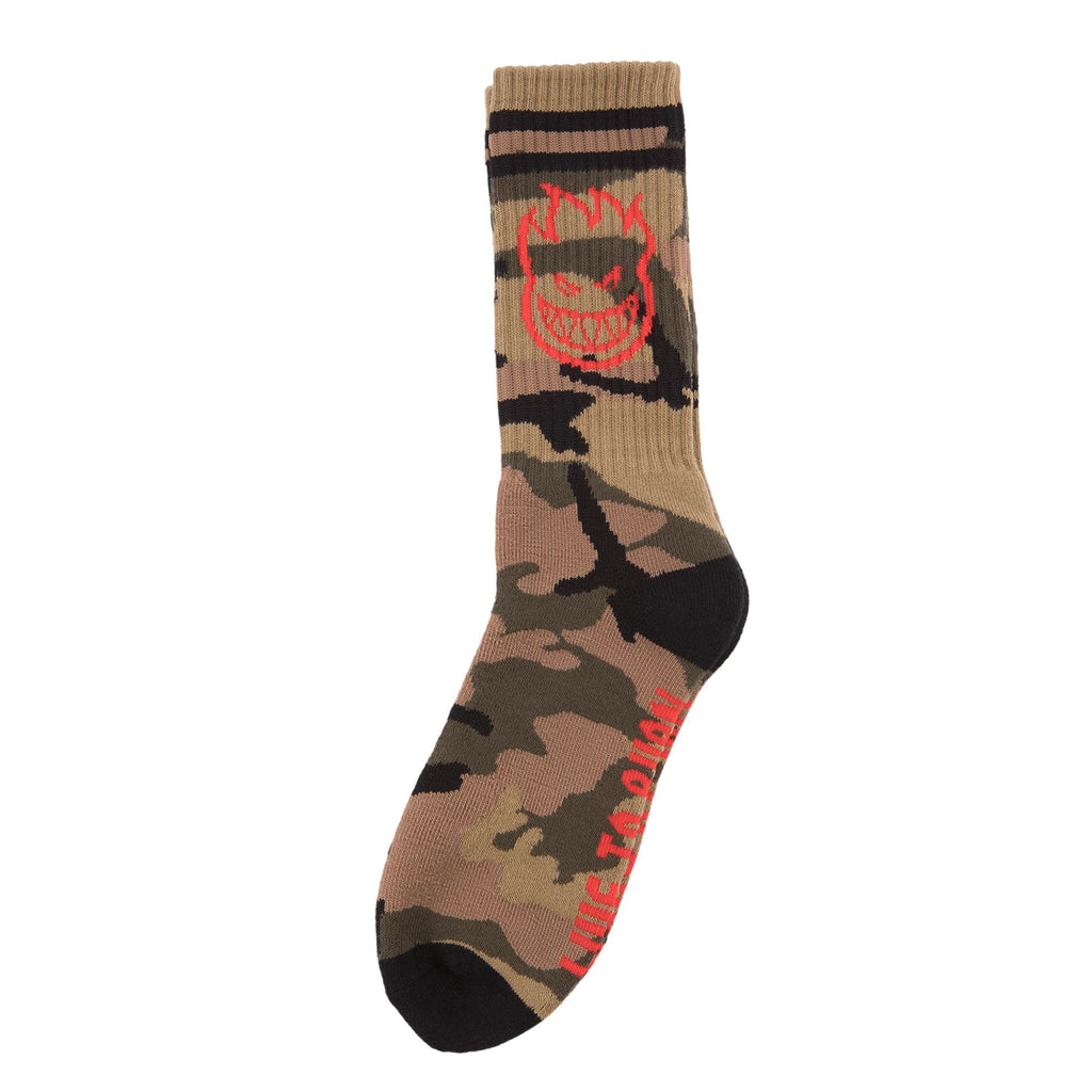 A single SPITFIRE BIGHEAD SOCKS CAMO/RED camouflage-patterned sock with a red emblem and SPITFIRE text on the ankle area.