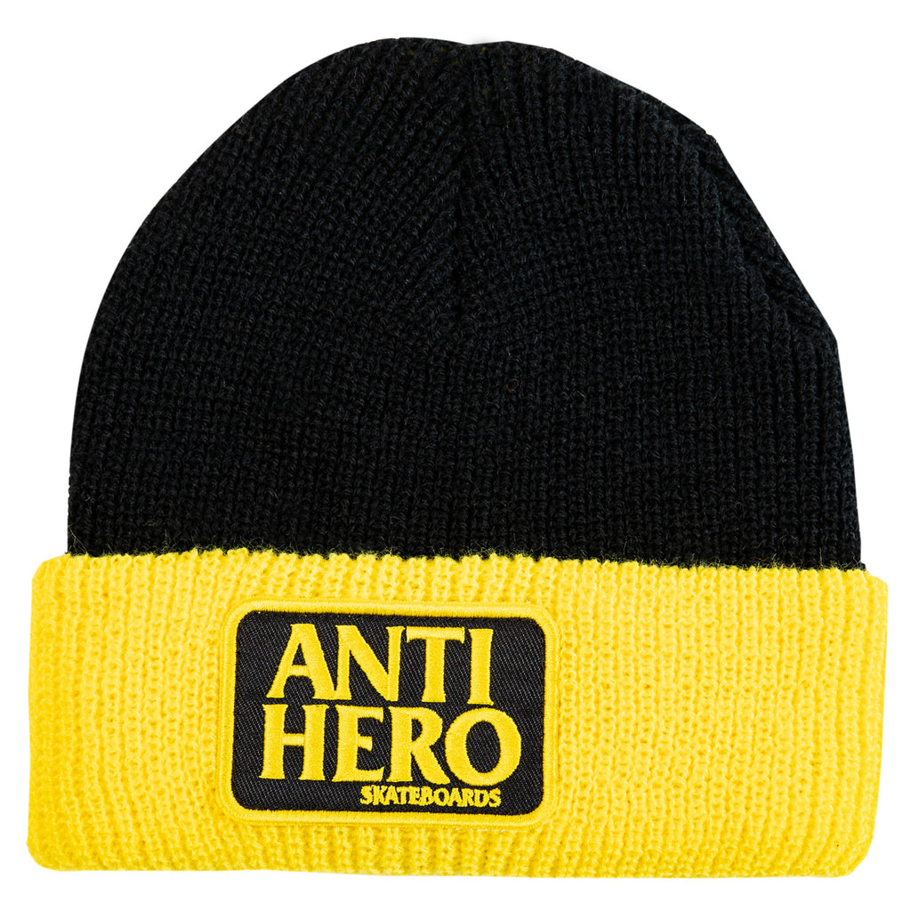 The ANTI HERO RESERVE PATCH beanie combines the striking colors of black and yellow, making it a stylish accessory. With the word "ANTI HERO" prominently displayed on it, this beanie allows you.