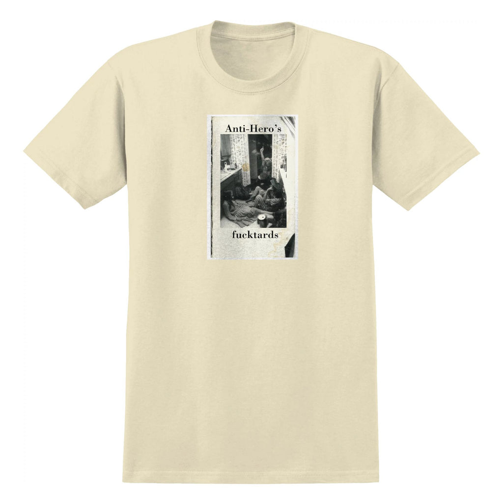 An ANTI HERO FUCKTARDS FULLCOLOR T-SHIRT CREAM, featuring an image of an anti-hero sitting in a chair, made by ANTIHERO.