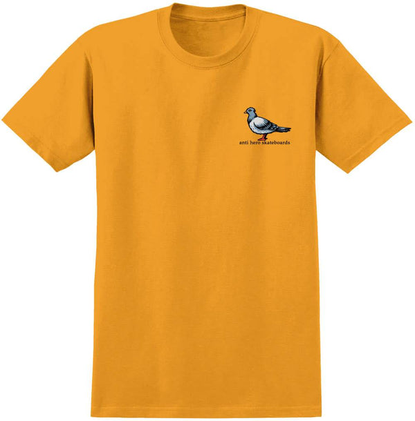 An ANTIHERO LIL PIGEON S/S SHIRT ORANGE with a pigeon, the antihero, on it.