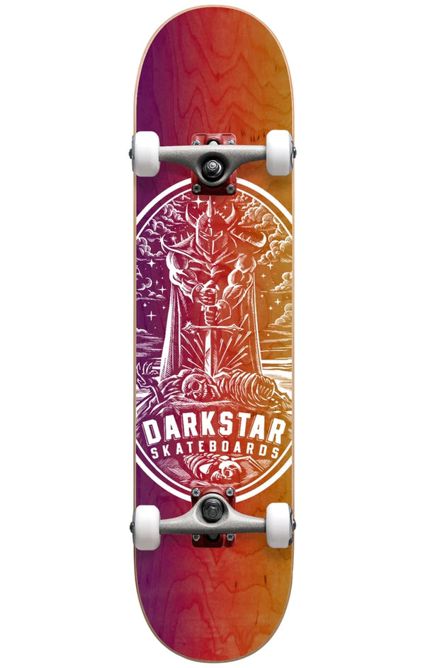A Darkstar Warrior Youth Complete skateboard with a picture of a statue on it.