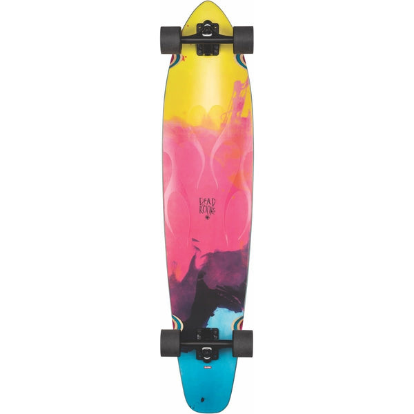 A longboard with a colorful gradient design featuring yellow, pink, and blue hues. It has black wheels and trucks. The brand name "GLOBE" is printed in the center of the GLOBE X DEAD KOOKS BYRON BAY 42".