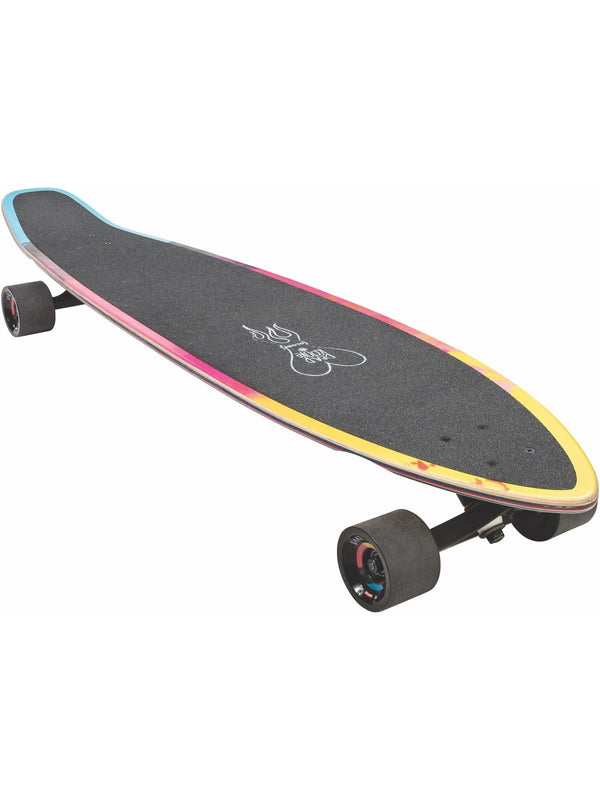 The GLOBE X DEAD KOOKS BYRON BAY 42" longboard from GLOBE features a black grip tape, multicolored deck edges in blue, yellow, and red, with black wheels. The underside of the deck showcases a graphic design in the center.