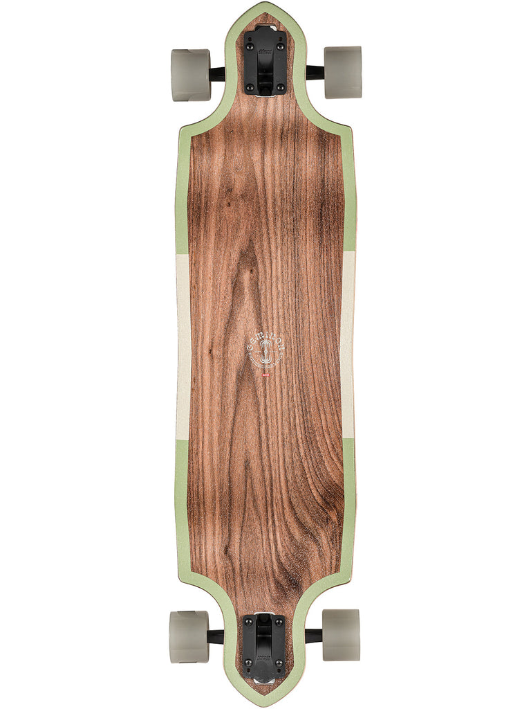 The top of a walnut longboard with clear grip sprayed on top.