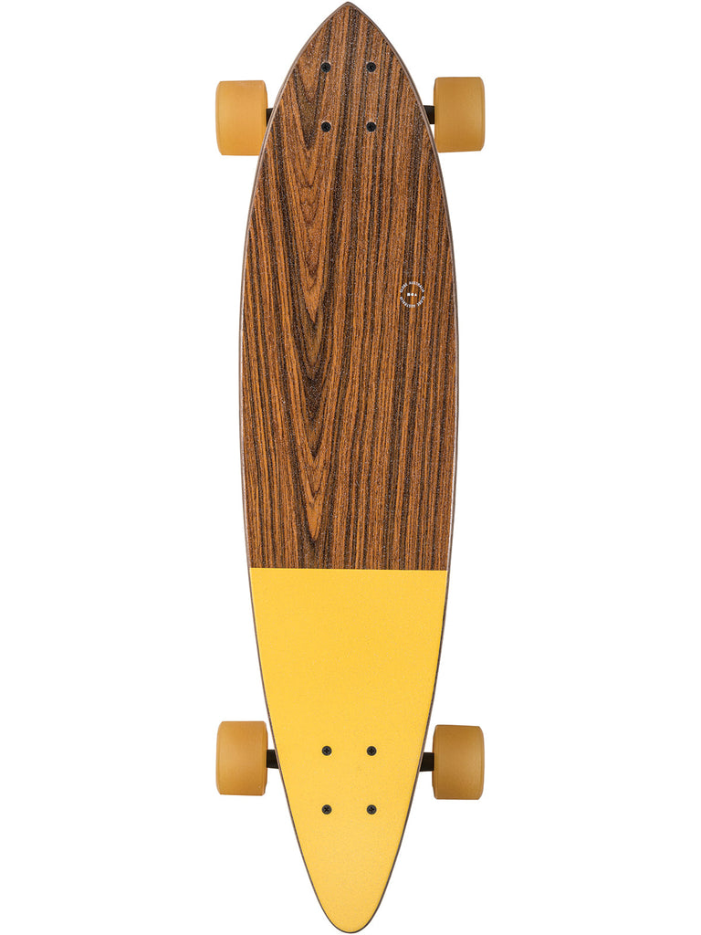 A GLOBE PINTAIL 34 CRUISER 30.5" FALCON skateboard with yellow wheels on a white background.