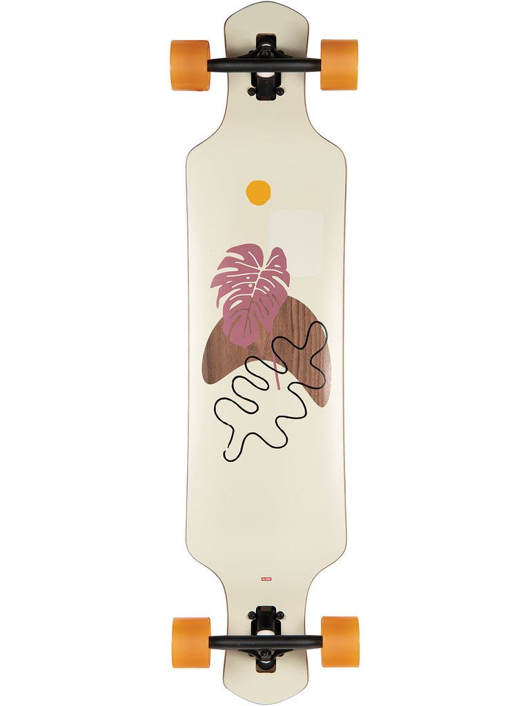 A cream colored longboard with a pink leaf design and orange wheels.