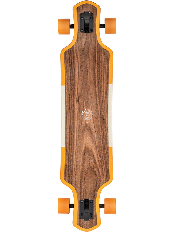 The top of a walnut longboard with clear grip on top.
