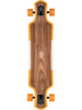 The top of a walnut longboard with clear grip on top.