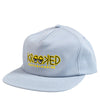 A KROOKED EYESFILL SNAPBACK LIGHTBLUE/YELLOW hat with the word crooked on it.