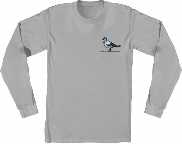 An ANTIHERO LIL PIGEON L/S SHIRT SILVER, featuring an ANTIHERO pigeon design, embracing an antihero aesthetic.