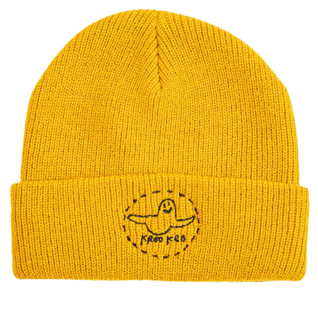 A KROOKED TRINITY SMILE BEANIE YELLOW/BLACK with an embroidered owl on it.