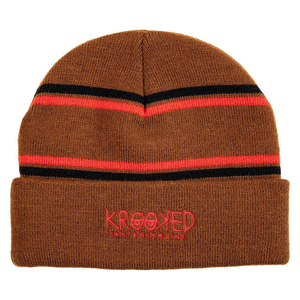 A KROOKED EYES CUFF BEANIE BROWN/RED with the word Krooked on it, featuring a cuff.