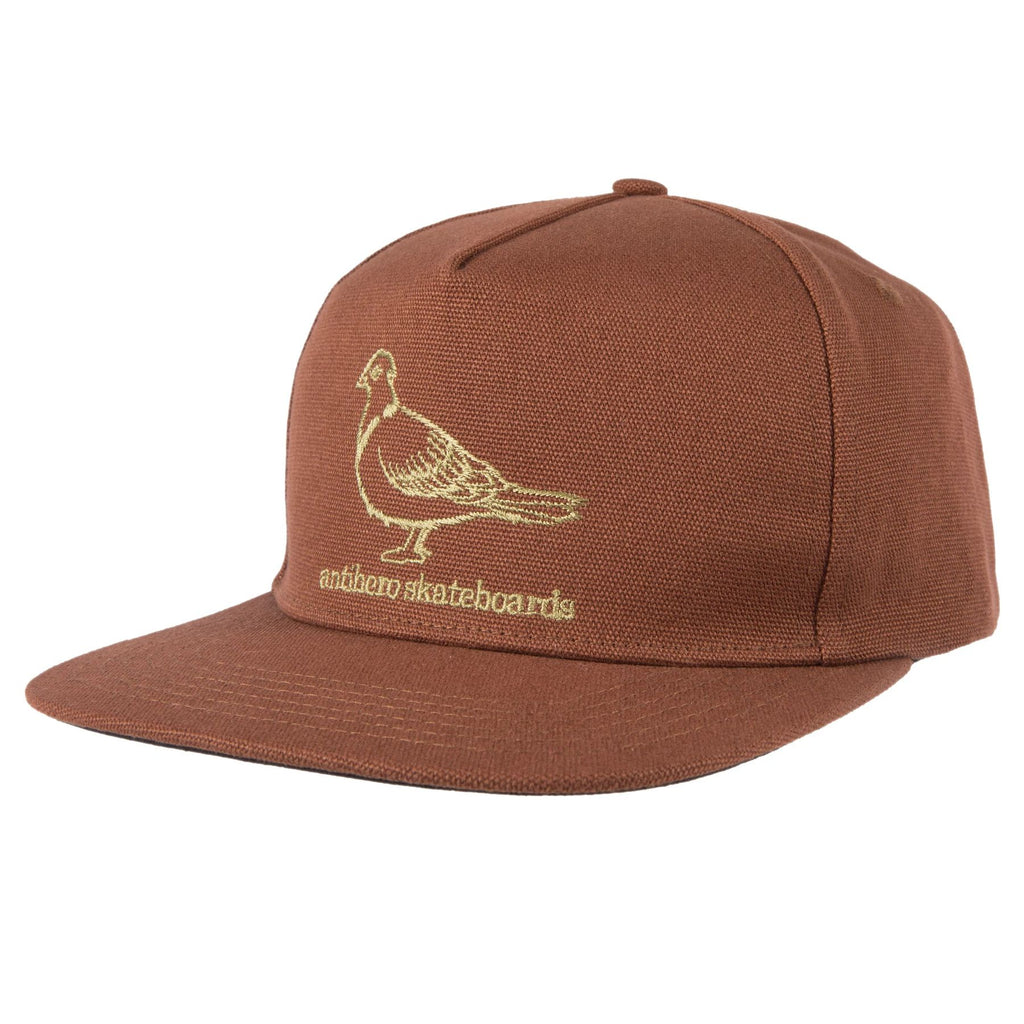 An ANTI HERO BASIC PIGEON SNAPBACK HAT BROWN by ANTIHERO, with a pigeon logo.
