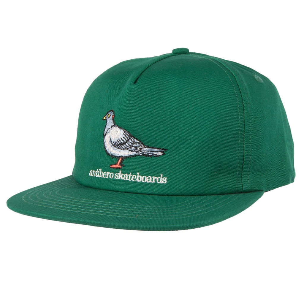 An ANTI HERO LIL PIGEON SNAPBACK HAT DARK GREEN with a BASIC PIGEON design on it.