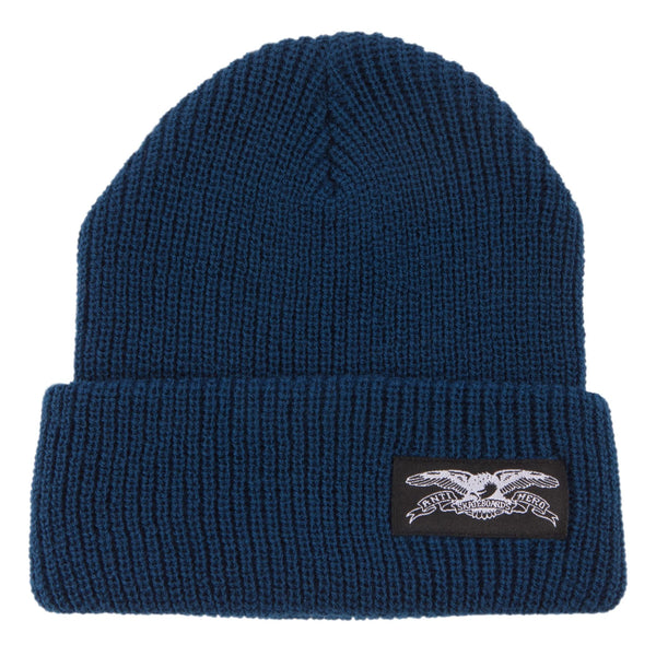 The navy blue ANTI HERO STOCK EAGLE LABEL BEANIE featuring the ANTIHERO label.