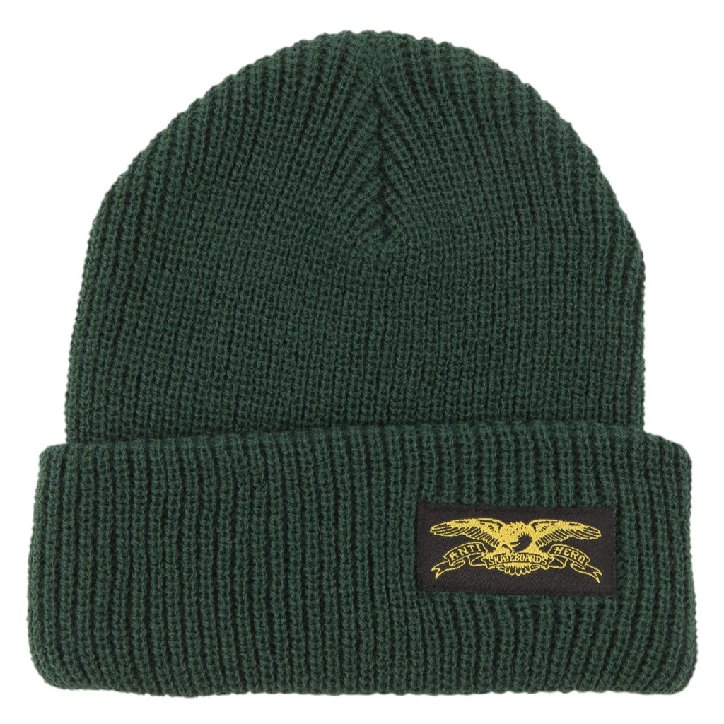 An ANTIHERO dark green beanie with an ANTI HERO STOCK EAGLE LABEL patch on it.