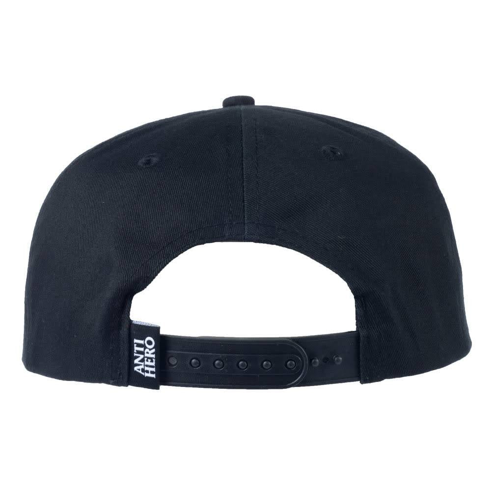 An ANTIHERO STAY AWAY SNAP BACK BLACK hat with a white logo on it.