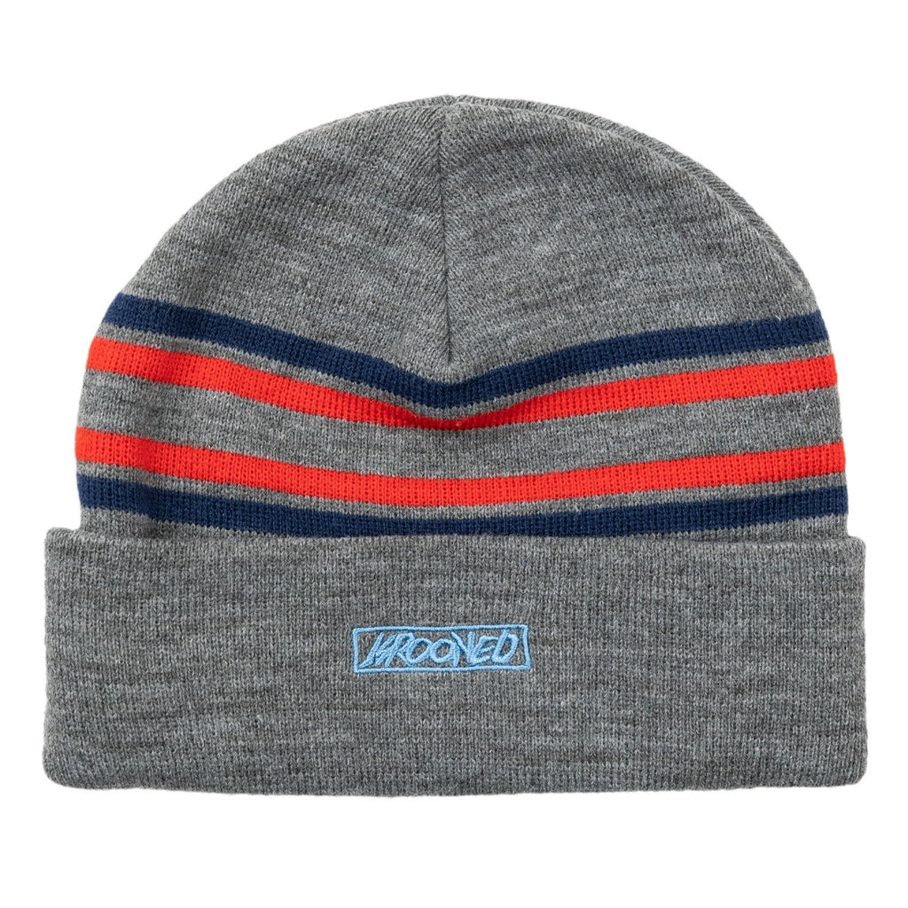 A KROOKED MOONSMILE SCRIPT BEANIE HEATHER GREY/BLUE/RED.