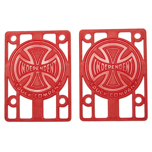 a pair of red independent risers