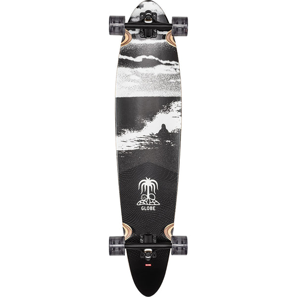 A GLOBE skateboard with a black and white design on it.
