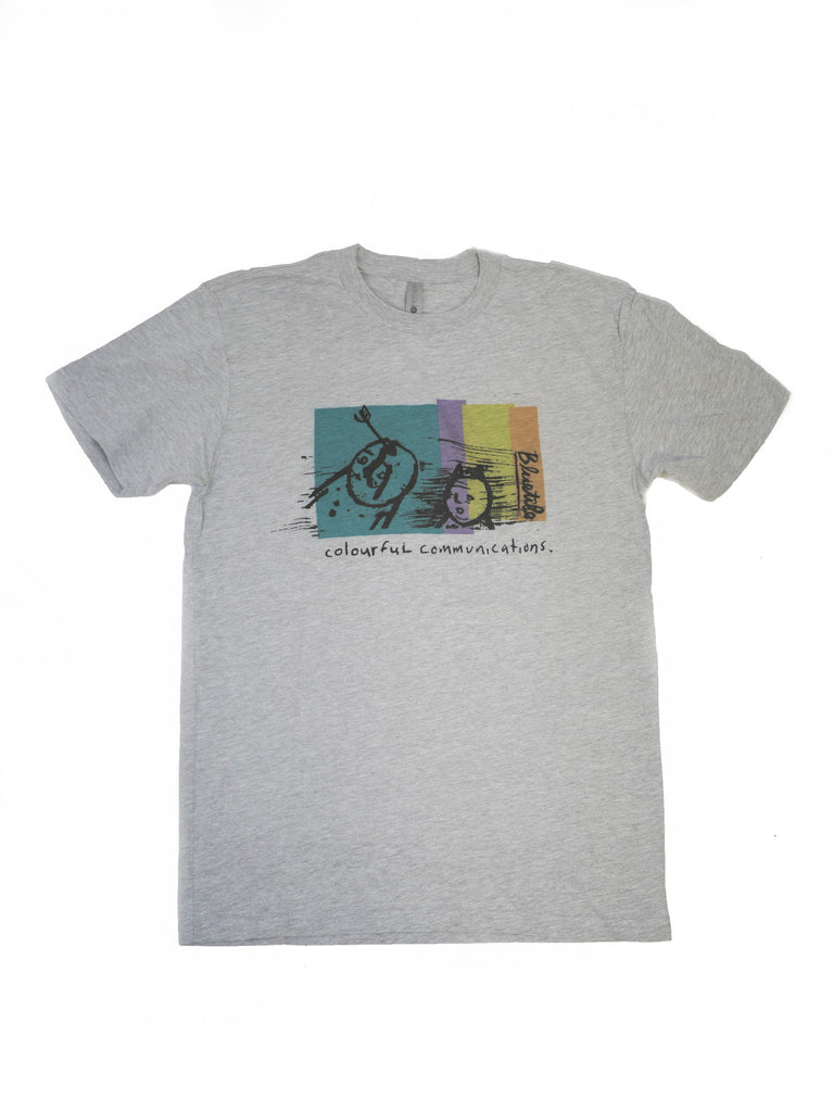A BLUETILE COLORFUL COMMUNICATIONS HEATHER GREY t-shirt with an image of a man riding a bike. (Brand Name: Bluetile Skateboards)