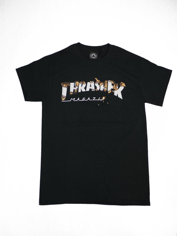 The THRASHER INTRO BURNER T-SHIRT BLACK features the words "Thrasher" and "Magazine" printed on the front in a white and burnt design.