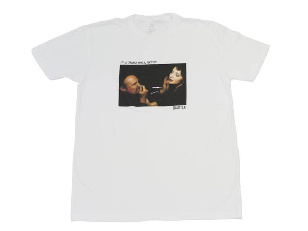 A Bluetile Skateboards "Strange World" white t-shirt with an image of a man and a woman.