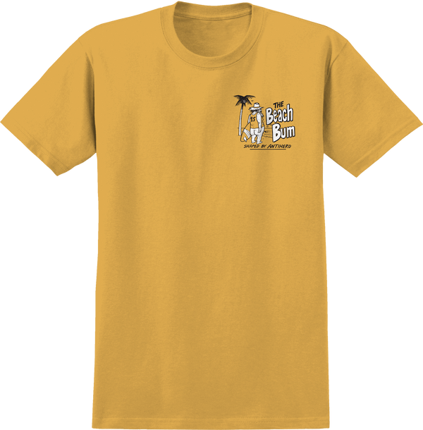 An ANTIHERO BEACH BUM TEE GOLD/WHITE/BLACK with a palm tree on it.