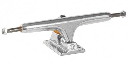 Silver Skateboard truck with an engraved independent logo on the base.o