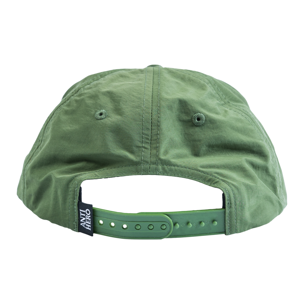 The back of a green ANTIHERO PIGEON ROUND SNAPBACK OLIVE hat.