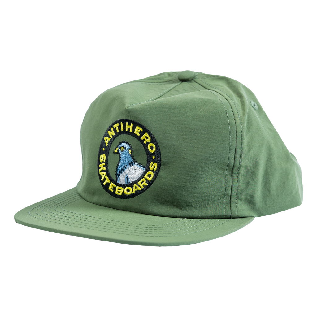 An ANTIHERO PIGEON ROUND SNAPBACK OLIVE hat with the logo of a pigeon.