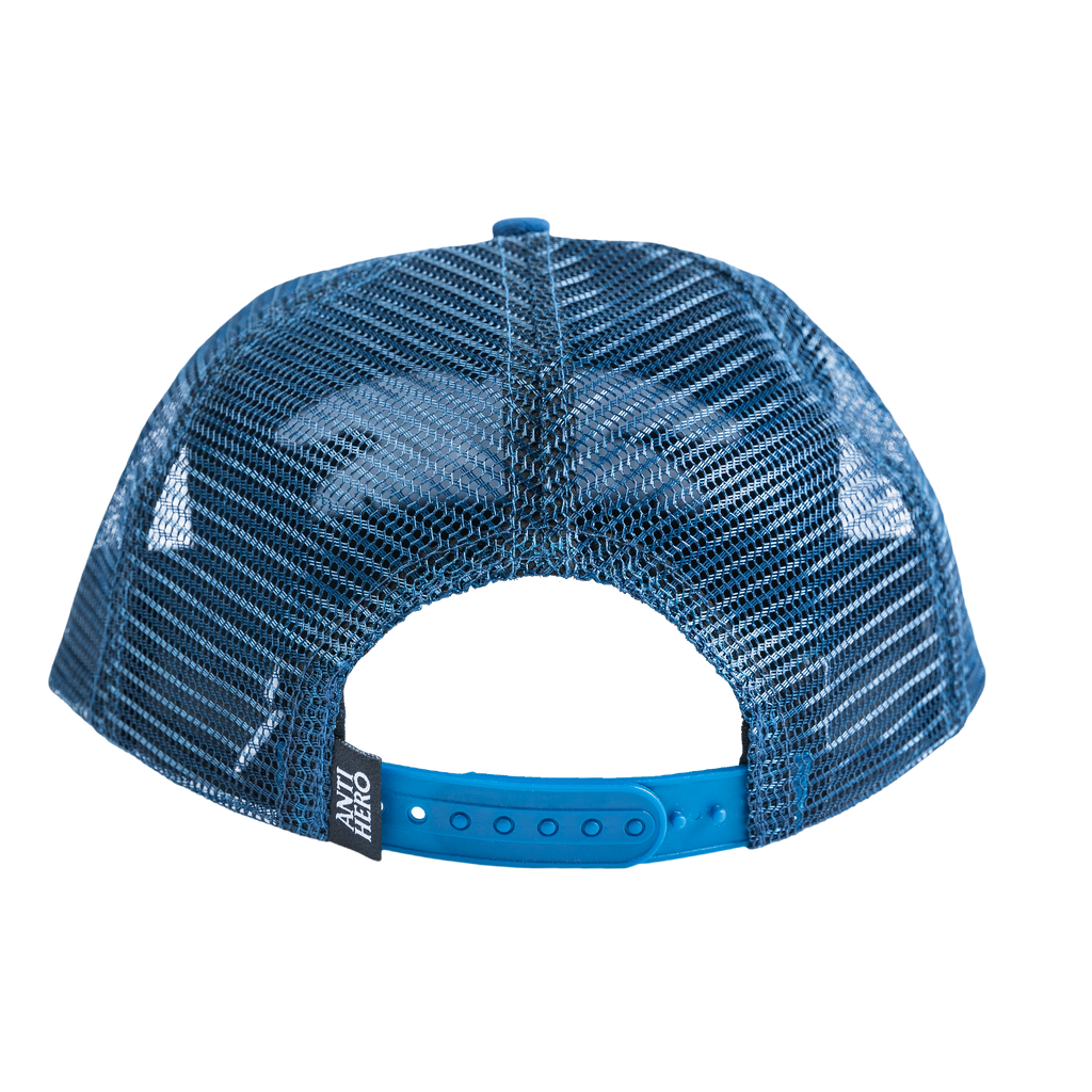 An ANTIHERO BASIC EAGLE SNAPBACK BLUE/WHITE trucker hat with a mesh back.