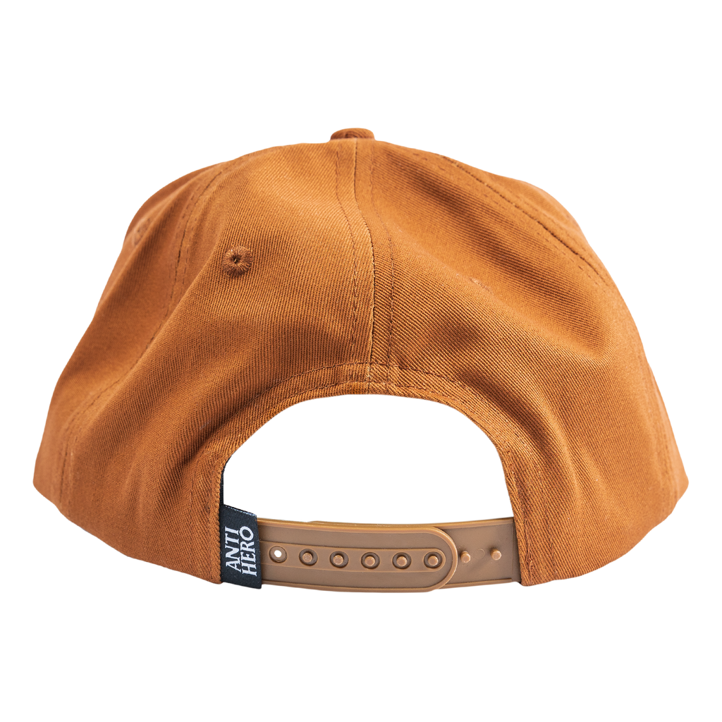 The back of an ANTIHERO LIL PIGEON SNAPBACK MED BROWN hat with a brown strap featuring an ANTIHERO logo.