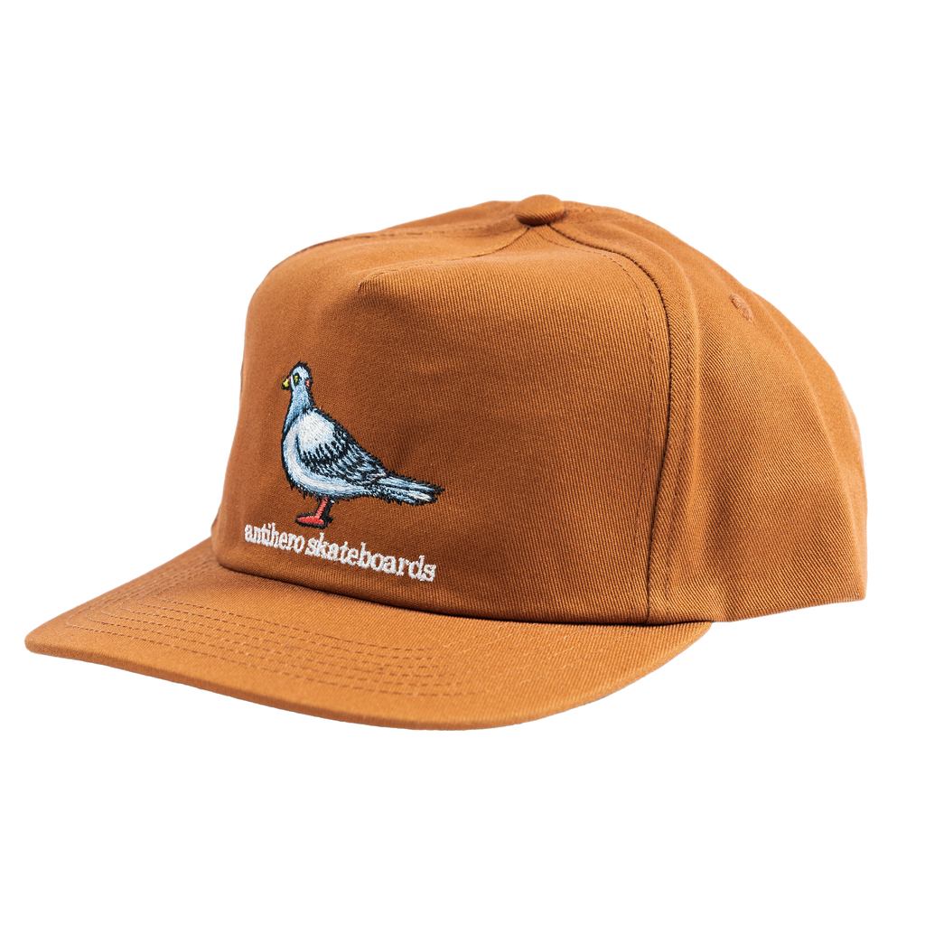 An ANTIHERO LIL PIGEON SNAPBACK MED BROWN with a lil pigeon on it.
