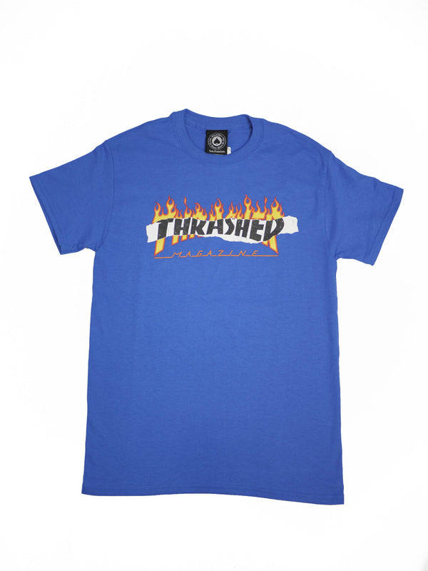 A royal blue "Thrasher Ripped Logo" T-shirt featuring the "Thrasher Magazine" flame logo on the front.
