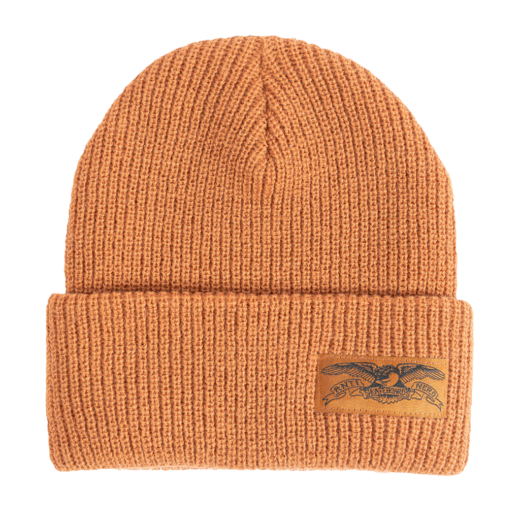 The ANTIHERO STOCK EAGLE LABEL BEANIE BROWN featuring a stock eagle design.