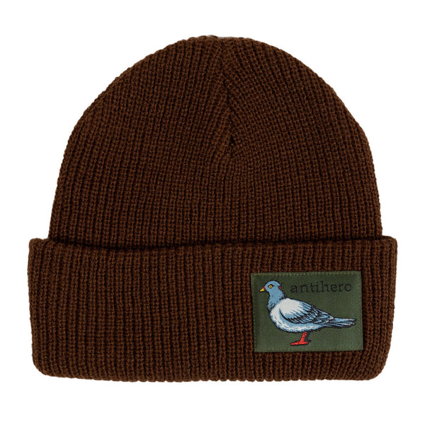 An ANTIHERO LIL PIGEON CUFF BEANIE DARK BROWN featuring a lil pigeon.