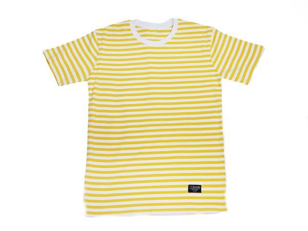 A BLUETILE SURPLUS STRIPED TEE YELLOW / WHITE from Bluetile Skateboards on a white background.