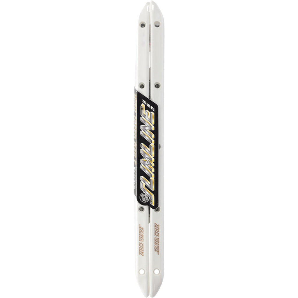 A white SANTA CRUZ SLIMLINE HSR beveled board rail featuring a black branding sticker in the center, holes at both ends for mounting, and slimline HSR characteristics.
